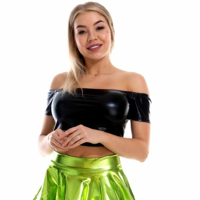 Metallic 1980s Shiny Latex Patent Crop Top PU Leather Off