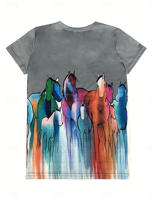 Women's T Shirt Casual Horse Print Short Sleeve Regular
