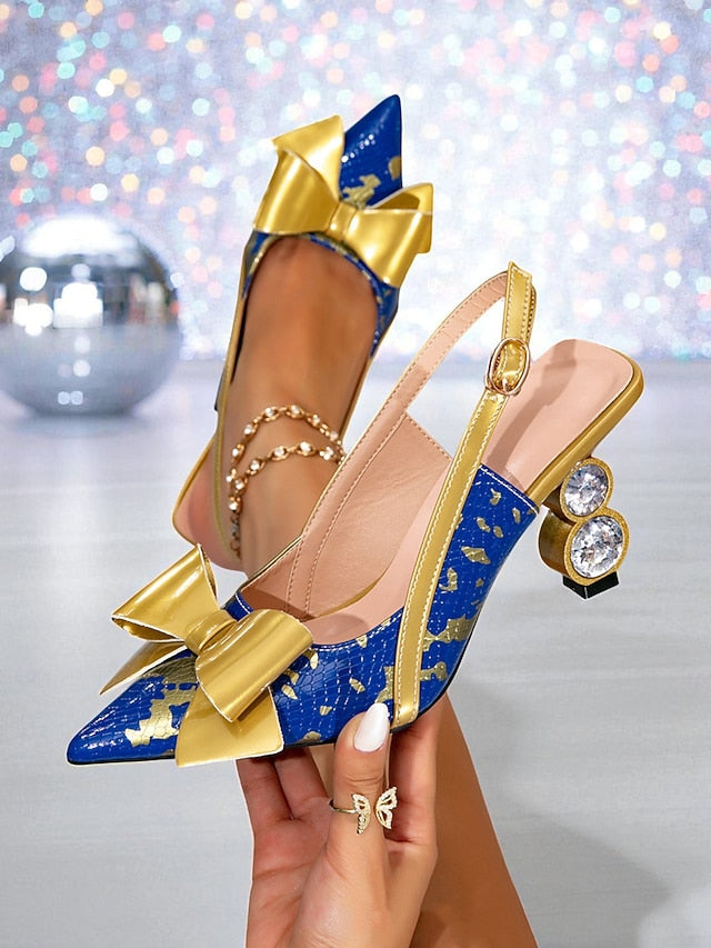 Women's Pumps Blue Gold Heel Slingback Bow - High and