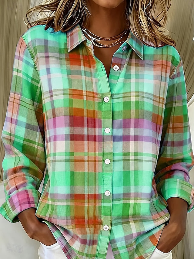 Women's Shirt Buttons Print Graphic Plaid Vintage Stylish