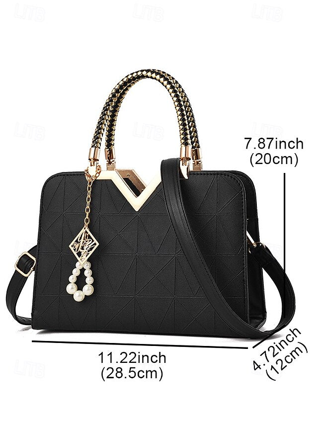 Women's Faux Leather Handbag with Pearl Pendant – Elegant