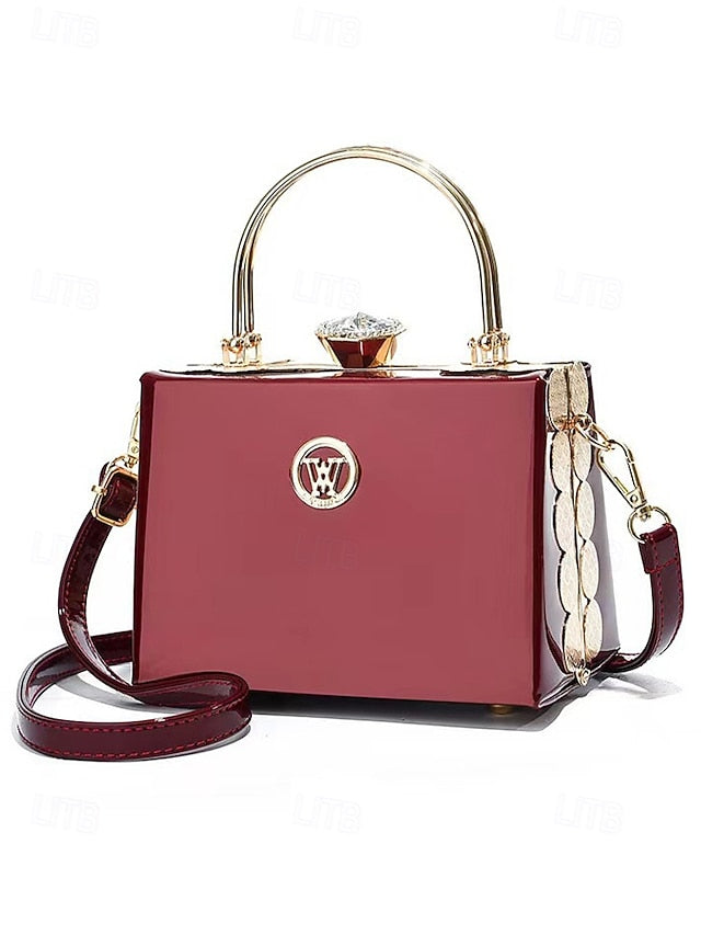 Evening Handbag Patent Burgundy with Leather Women's Gold