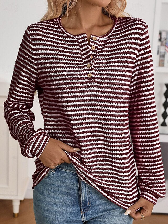 Women's T Shirt Buttons Striped Classic Casual Long Sleeve