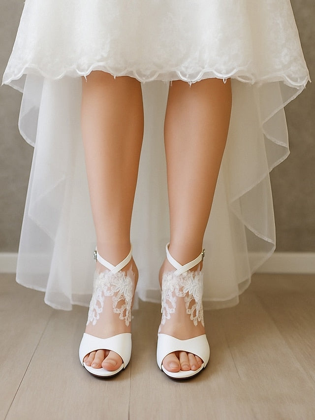 Block Strap White Heel Sandals Ankle Women's Lace with -