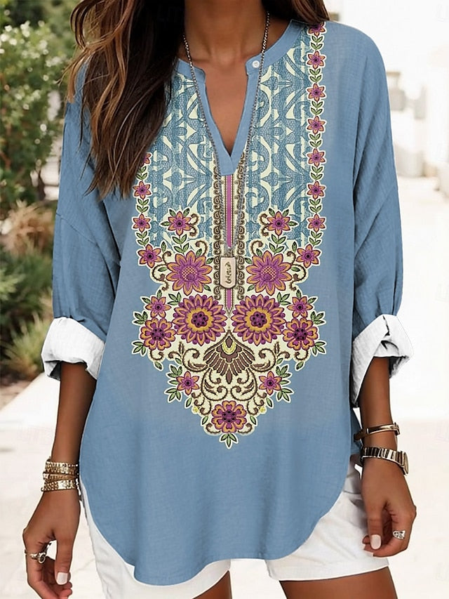 Women's Blouse Linen Like Breathable Lightweight Tunic V