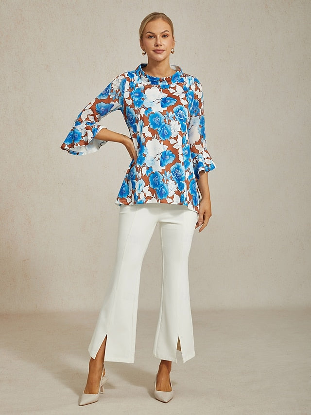 Women's Blouse Twisted Roman Chiffon Splice Blue Floral