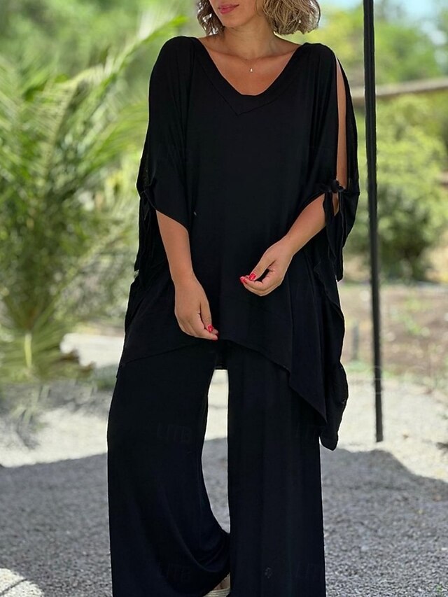 Women's Pants Sets 3/4 Length Sleeve V Neck Solid Color