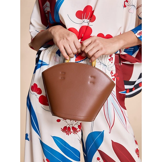 Sac seau en cuir marron avec anse en bambou pour femme