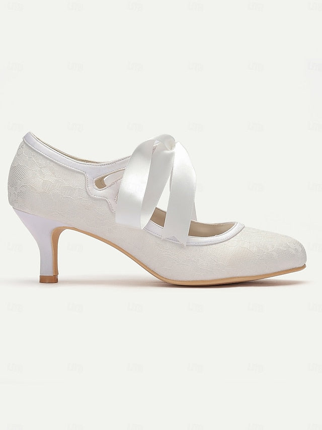 Pumps - Lace Bridal with Satin Elegant Ribbon Vintage White Ties