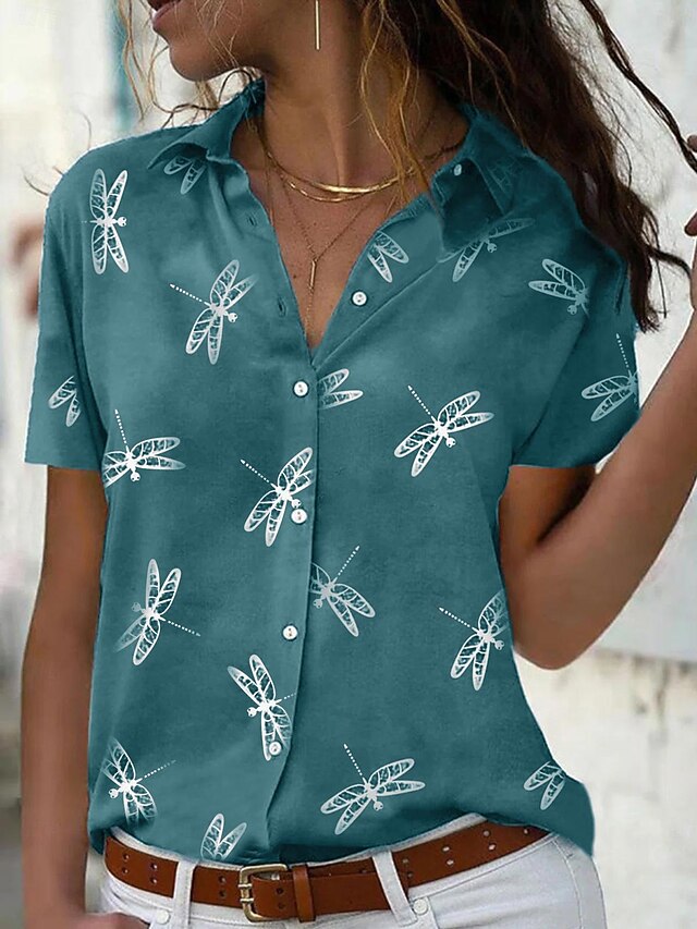 Women's Casual Shirt Short Sleeve Dragonfly Print Lapel