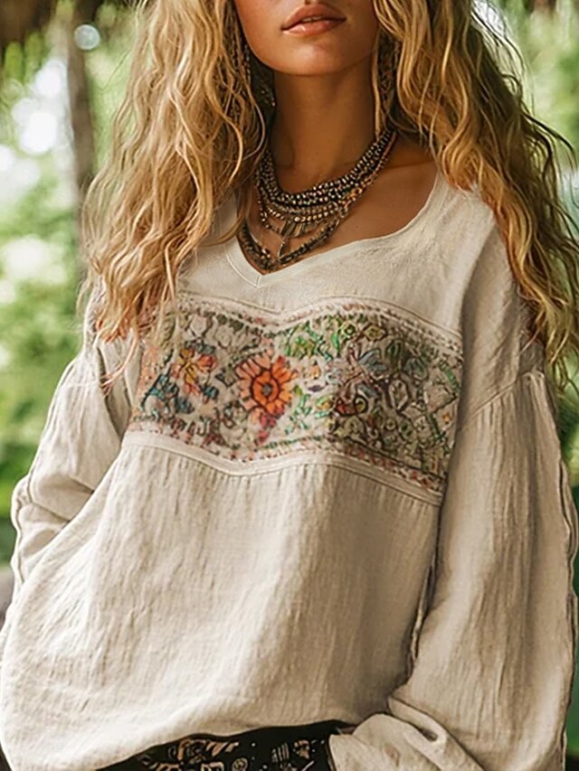 Women's Western Blouse Boho Shirt Blouse Faux Cotton Linen