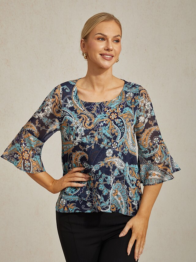 Women's Female Paisley Casual Blue Paisley 3/4 Sleeve