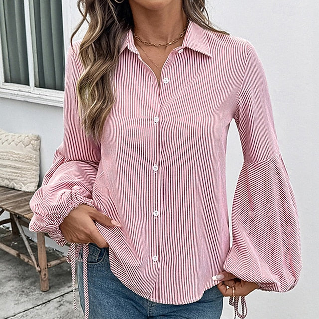 Women's Casual Shirt Button Up Shirt Blouse Drawstring