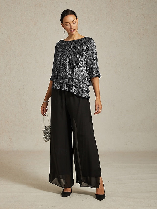 Women's Blouse Chiffon Tops Pleated Layered Metallic
