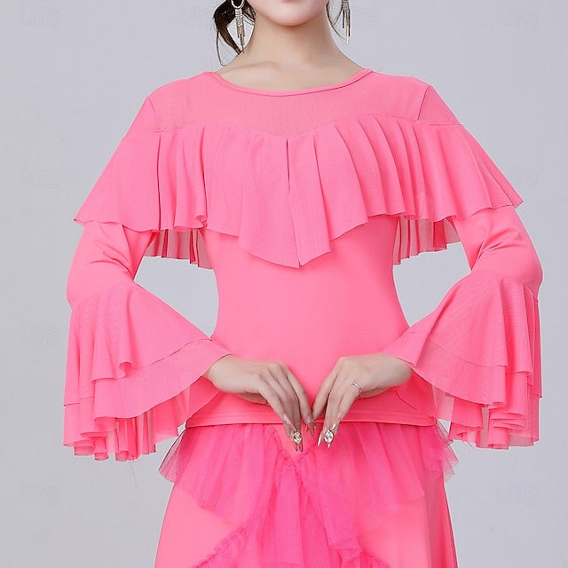 Latin Dance Top Ruffles Pure Color Splicing Women's