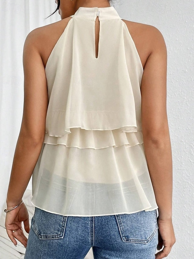 Women's Tank Top Tee Top Ruffle Solid Color Elegant Fashion
