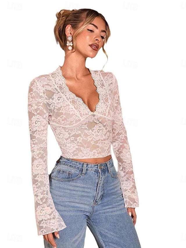Women's Wrap Crop Top Lace Sexy Long Sleeve V Neck Regular