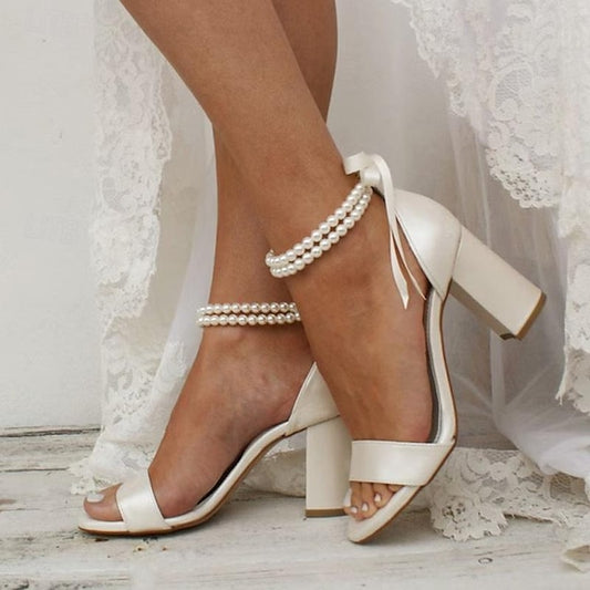 Anklet and Block White Wedding Heels Satin Pearl with Sandals -