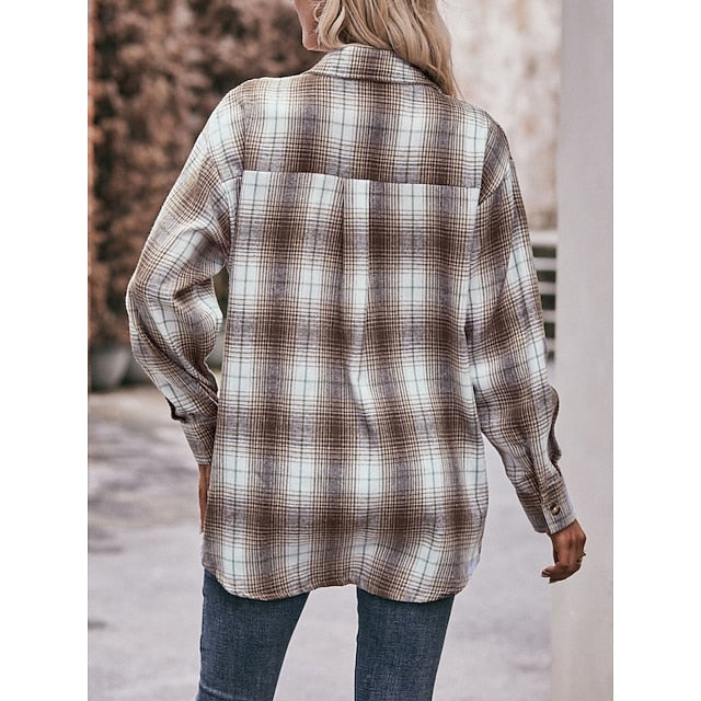 Women's Shirt Pocket Buttons Print Plaid Vintage Tropical