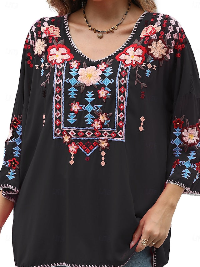 Women's Boho Shirt Embroidered Solid Color Floral Bohemia