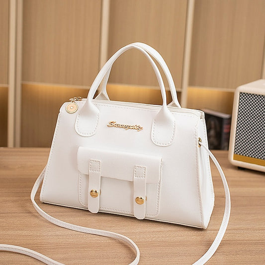 Women's White Faux Leather Handbag with Top Handle and