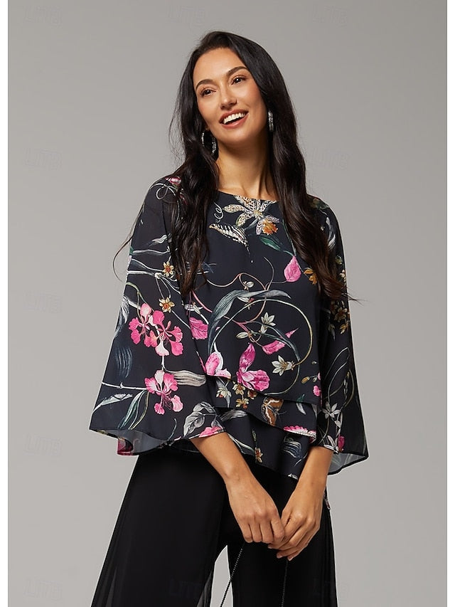 Women's Blouse Black Floral 3/4 Sleeve Loose Round Neck