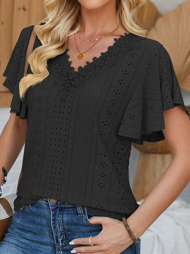 Women's Pointelle Shirt Eyelet Top Lace Shirt Lace Short