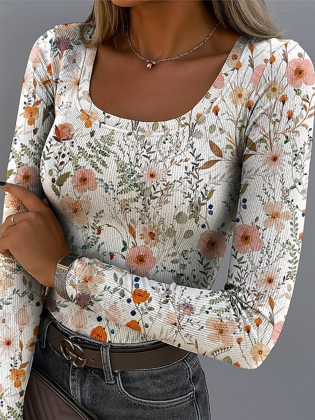 Women's T shirt Long Sleeve Ribbed Graphic Square Neck Long