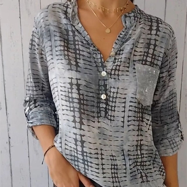 Women's Blouse Dressy Tops Ruched Patchwork Pocket Plaid