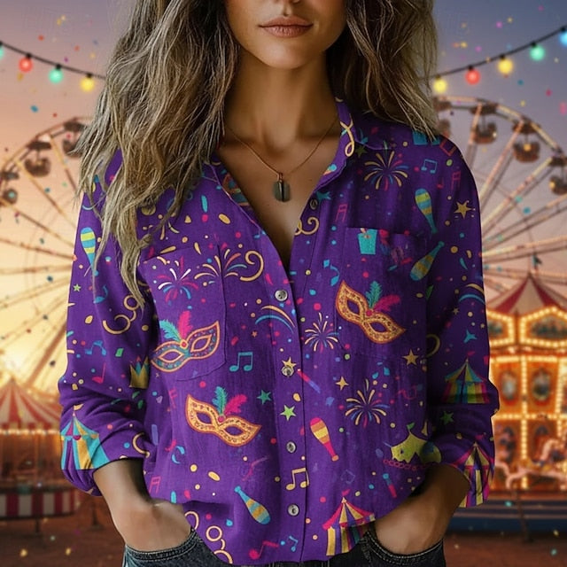 Carnival Mardi Gras Women's Shirt Boho Shirt Buttons Print