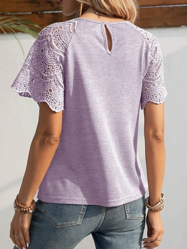 Women's Lace Tops Lace Patchwork Solid Color Stylish Casual