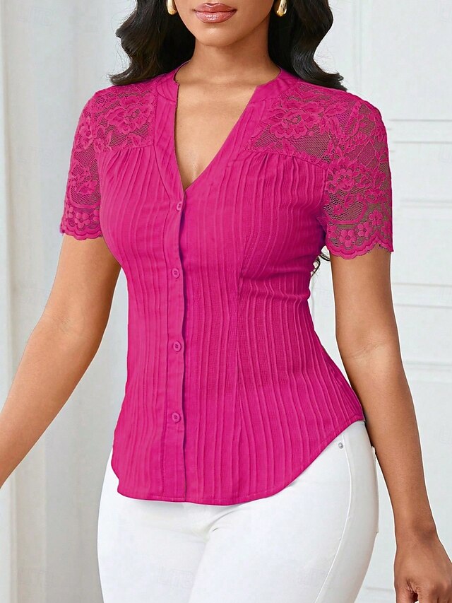 Women's T Shirt Tee Top Lace Patchwork Plain Elegant