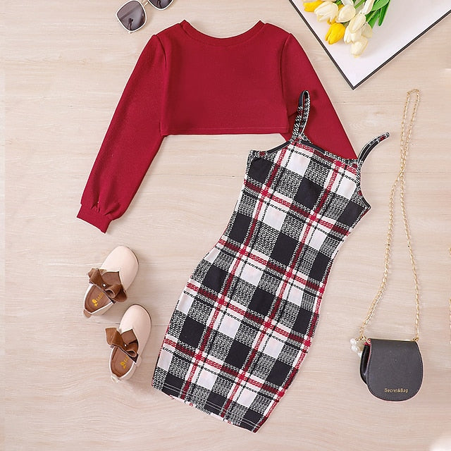 Color Block Pieces Long Girls' Suits Set Dress Kids 2