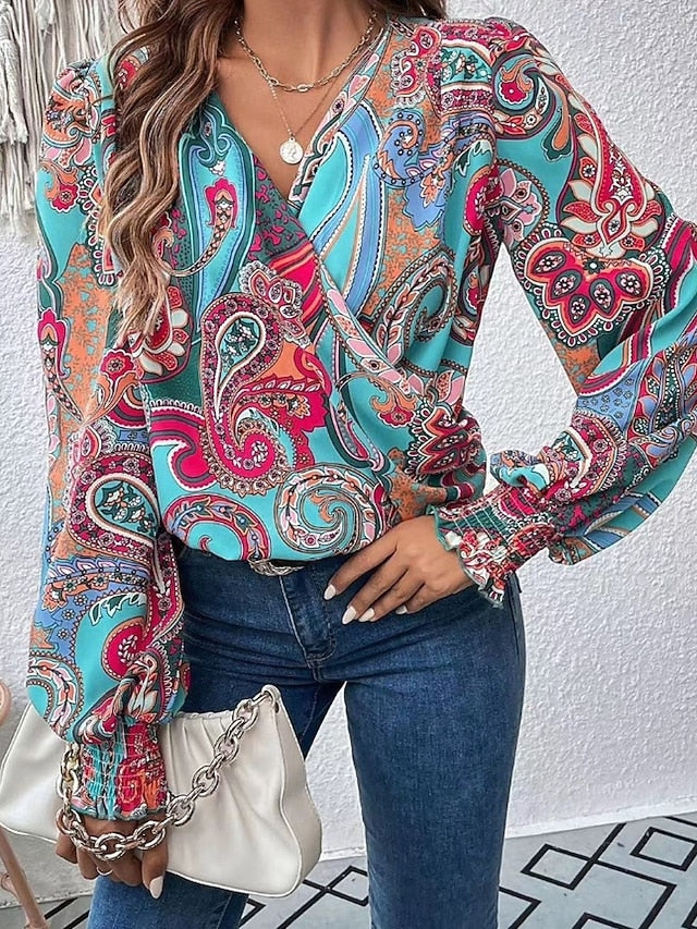 Women's Shirt Blouse Print Floral Casual Long Sleeve V Neck
