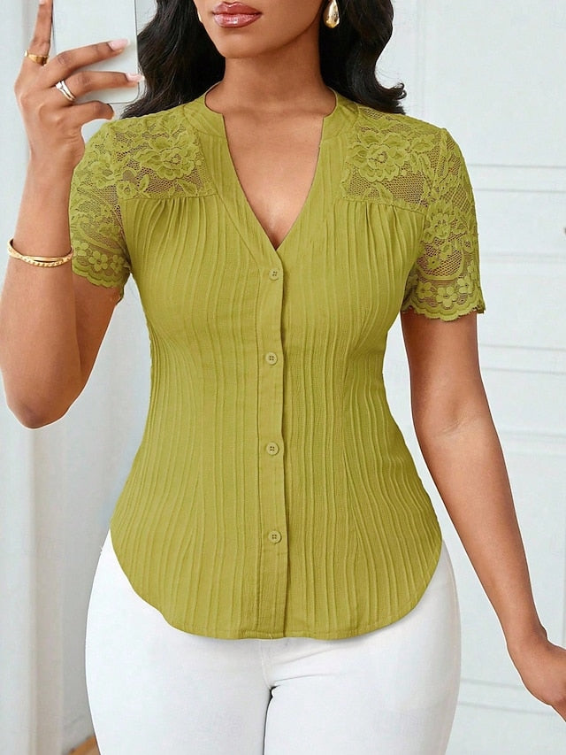 Women's T Shirt Tee Top Lace Patchwork Plain Elegant
