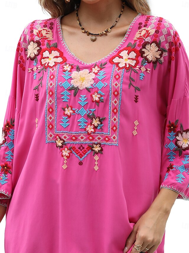 Women's Boho Shirt Embroidered Solid Color Floral Bohemia