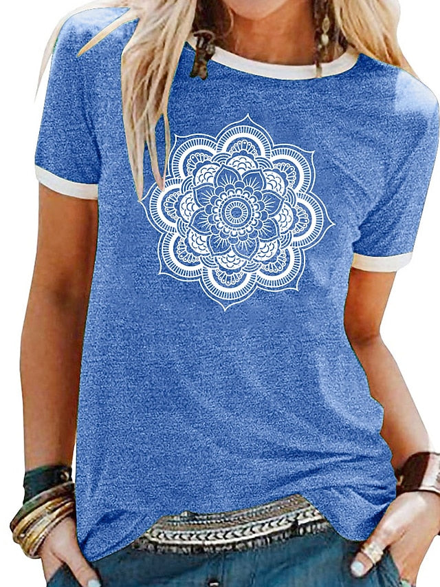 Women's T Shirt Patchwork Print Floral Graphic Mandala