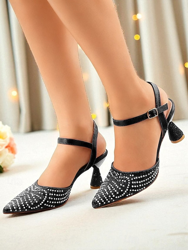 Women's Red Toe Rhinestone Pointed Heels Slingback