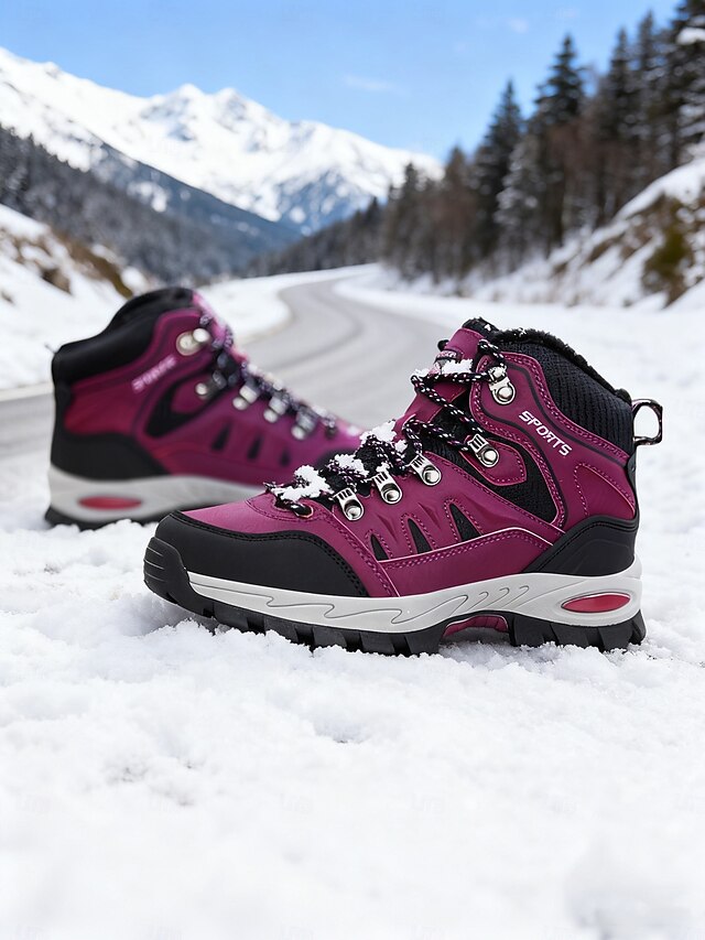 Women's Burgundy High-top Hiking Sneakers with Rugged Sole