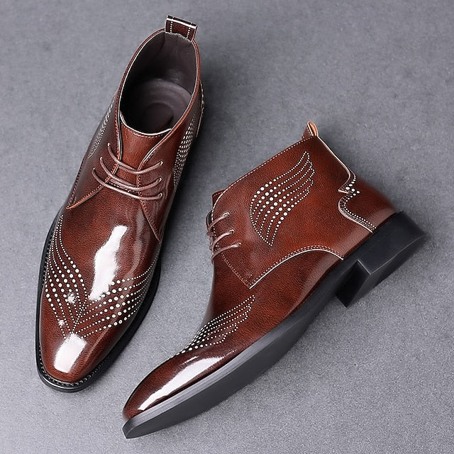 Brogue Burgundy Glossy Wingtip Ankle Faux Men's Leather