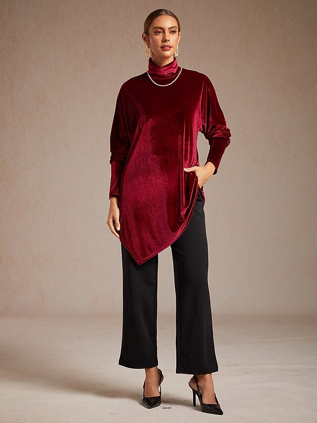 Christmas Women's Velvet Dressy Tops Asymmetric Elegant