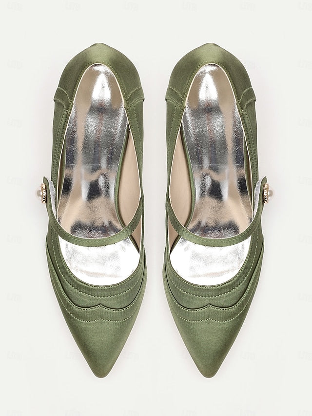 Jane Button Satin - with Heels Pearl Green Mary Elegant