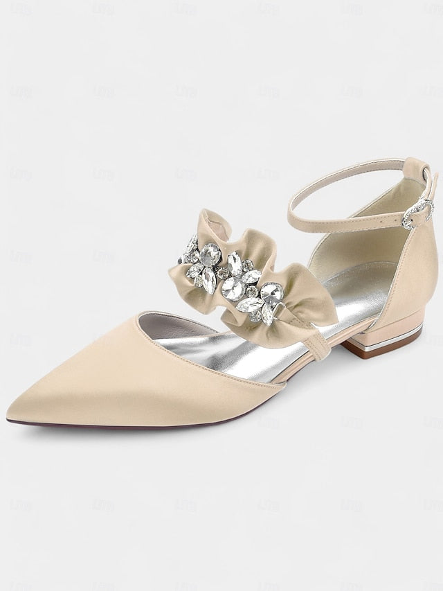 with Satin Pointed-Toe Flats Black Rhinestone Women's