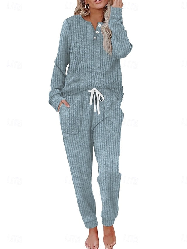 Women's Pants Sets Long Sleeve Crew Neck Solid Color