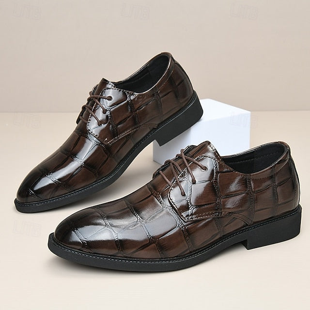 Crocodile-Pattern Brown Leather Shoes Men's