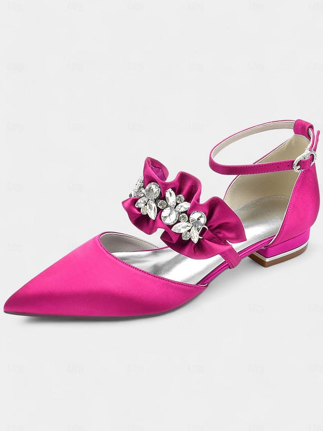 with Satin Pointed-Toe Flats Black Rhinestone Women's