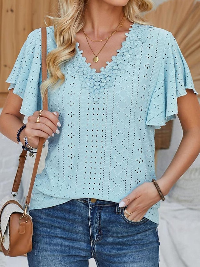Women's Pointelle Shirt Eyelet Top Lace Shirt Lace Short