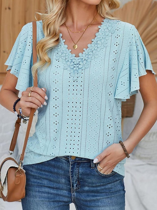 Women's Pointelle Shirt Eyelet Top Lace Shirt Lace Short