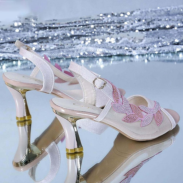 Rhinestone Heeled Elegant – Women's Sandals White Mesh