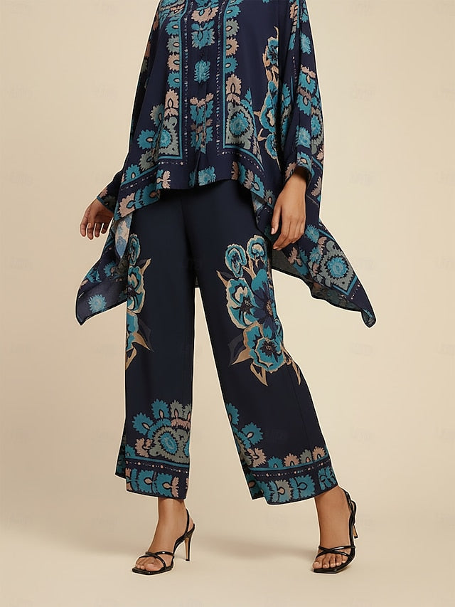 Women's Wide Leg Pants Chiffon Ethnic Floral Hawaiian Print